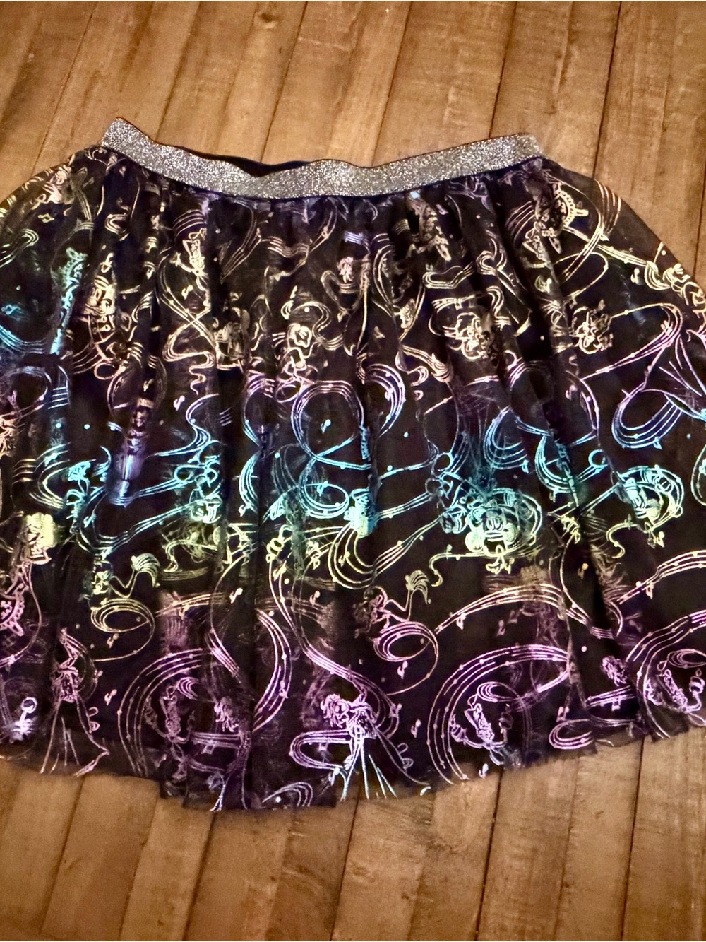 Disney Black Tulle Skirt with Iridescent Swirl Print and Silver Waistband